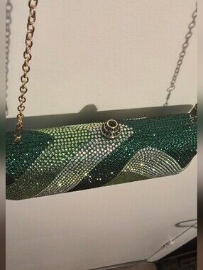 Green Crystal-Embellished Evening Clutch with Chain Strap